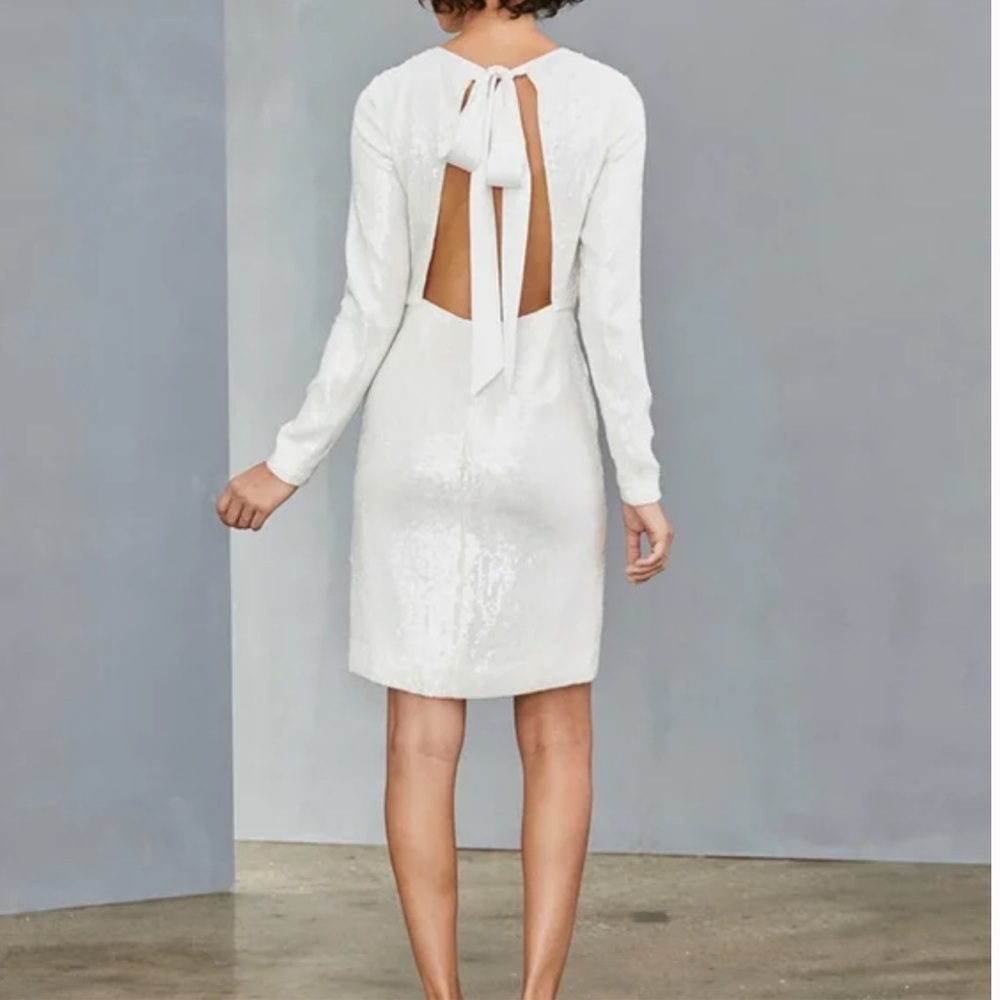 Amsale Ivory Long Sleeve Sequin Tie Back Dress